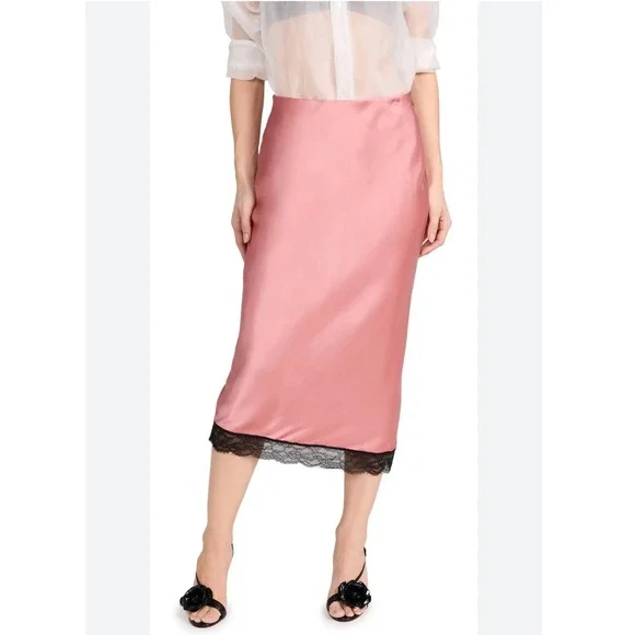 Anthropologie Scotch & Soda Pink Satin Midi‎ Skirt Black Lace Trim Slip Skirt S