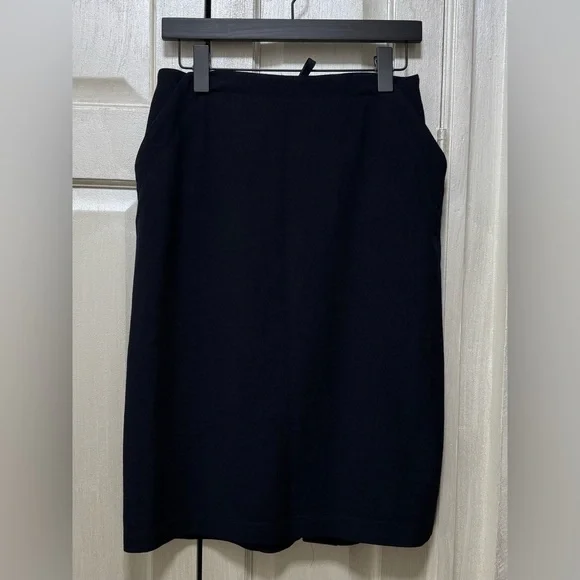 Lauren Ralph Lauren Size 8P Navy Blue Worsted Wool Midi Pencil Skirt Pockets