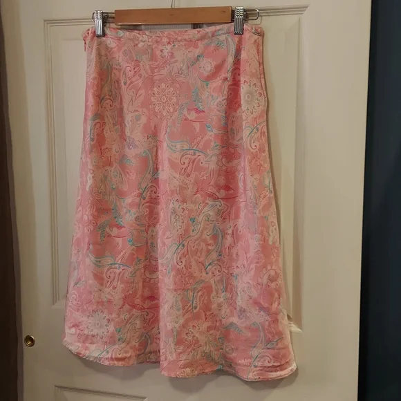 Ann Taylor pink paisley abstract print silk A-line skirt knee length 8