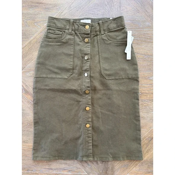 Caslon Women's Stretch Waist Olive Green Cargo Button Up Pencil Skirt Size 2 NWT