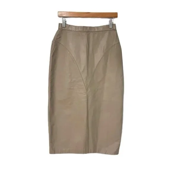 Vintage 80s Tan Beige Leather Skirt Knee Length Size 9/10 FITS SMALL Classic