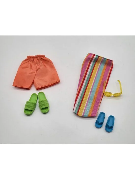 Barbie & Ken Summer Beach Outfit Lot Flip Flops Slides Trunks Sarong Sunglasses