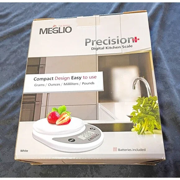 MEGLIO Precision Plus Digital Kitchen Scale w/ Tray, Auto Shut Off White