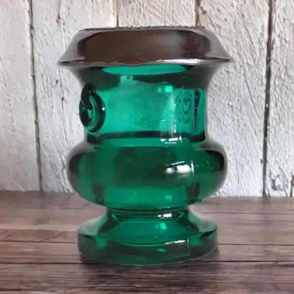 Vintage L E SMITH Green Glass Toothpick Holder Handles Thick Cauldron Silver Rim