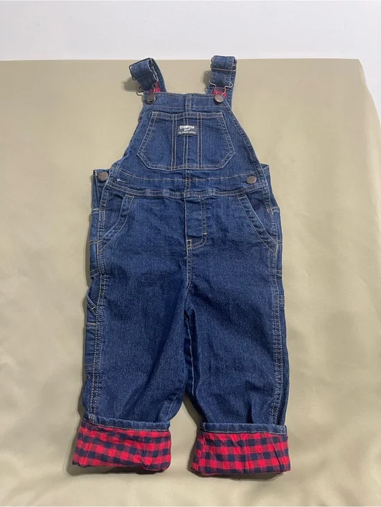 OshKosh B'gosh Dark Blue Denim Overalls with Red Plaid Cuff - Kids