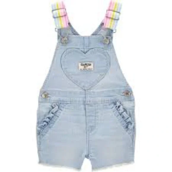 OshKosh B’gosh Denim Shortalls Heart Pocket Pastel Rainbow Straps 18M