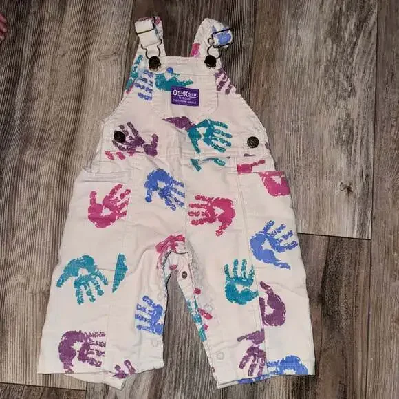 Vintage OshKosh B'Gosh Overalls Vestbak Handprint White Size 3-6 Month Corduroy