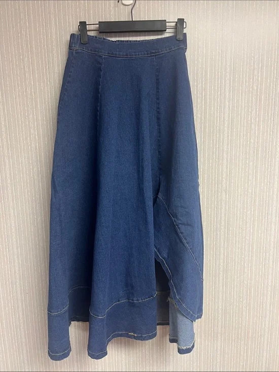 S Flying Tomato Dark Blue Paneled Denim Midi Skirt