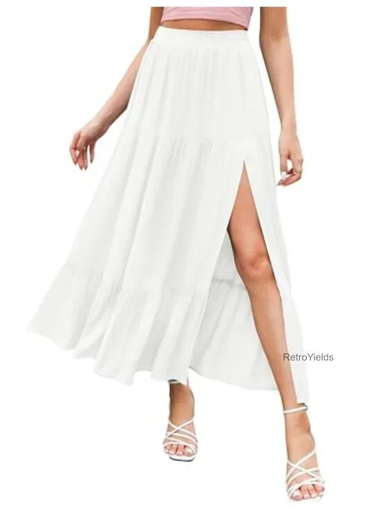 Flowy Boho Maxi Skirt with Pockets High Slit Beach Long Skirt