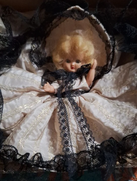 1940s Vintage Blonde Hollywood Doll in Cream Dress with Black Lace