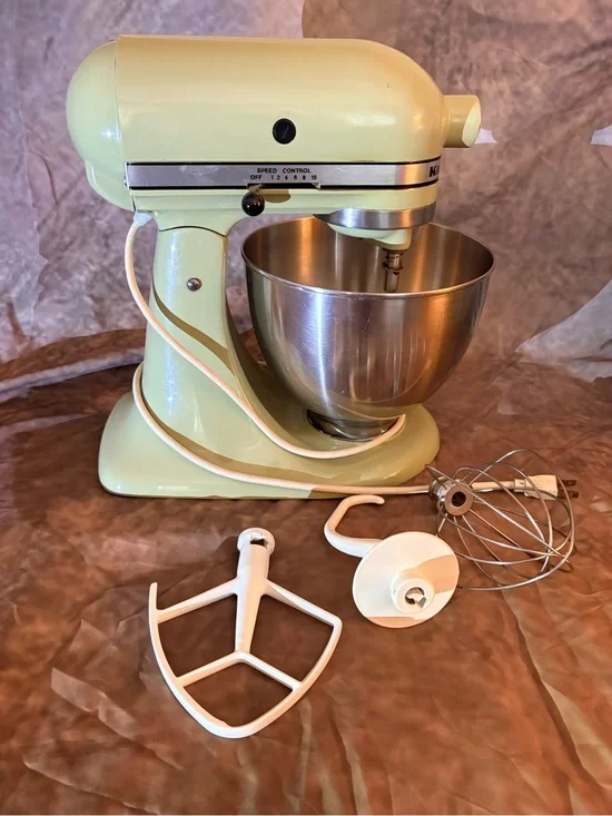 Vintage KitchenAid K45 Tilt Head Mixer: Avacado Green, 3 attachments