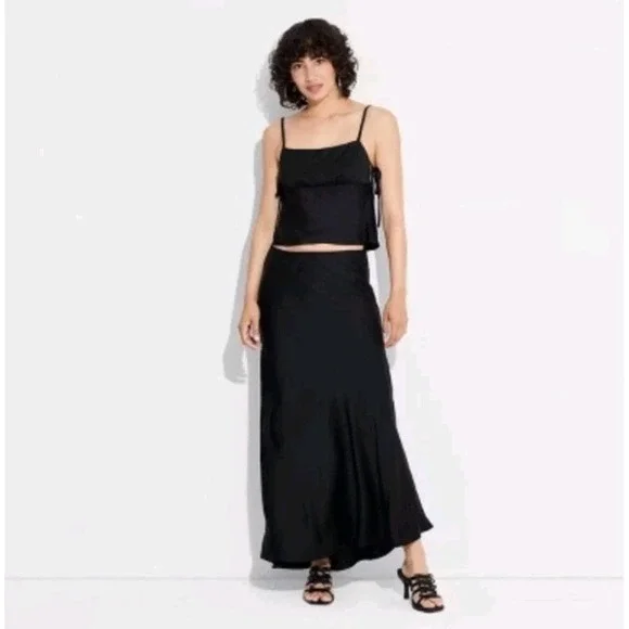 Wild Fable NWT Small Black Satin Slip Maxi Skirt Party Sleek‎ Classic Chic Class
