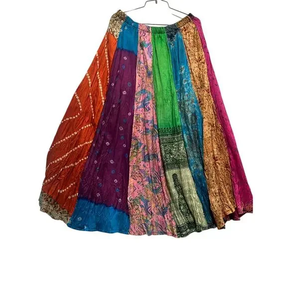 Vintage Artisan Patchwork Sari Silk Boho Maxi Skirt OS Elastic Waist Festival