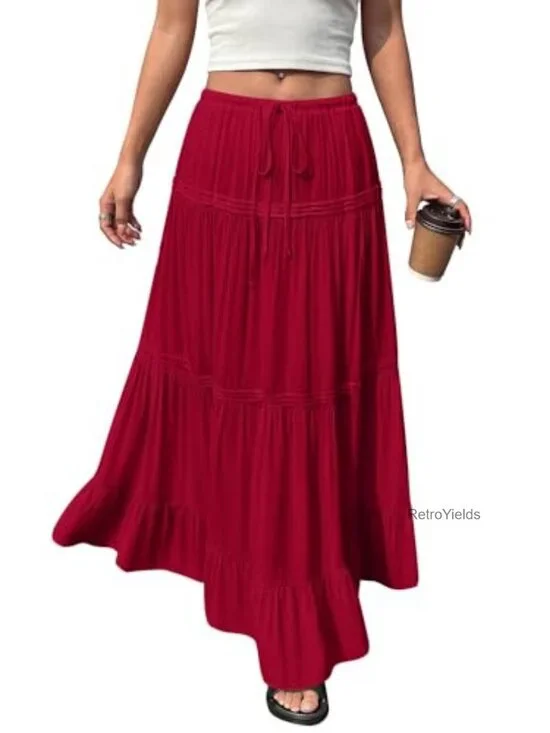 Boho Pleated Maxi Skirt High Waisted Flowy Tiered Skirt Beach Vacation Outfit