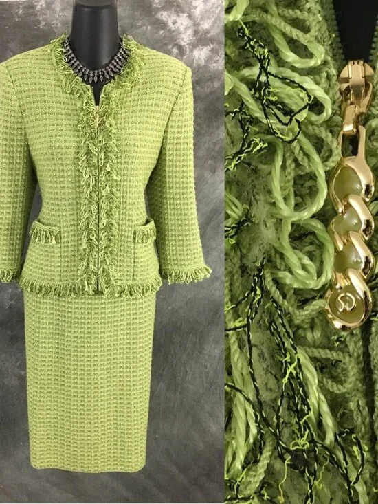 BEAUTIFUL St John collection knit green fringe multi jacket skirt suit size 6
