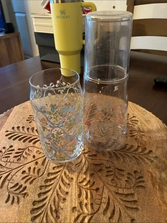 Stanley Yellow Tumbler with Floral Patterned Glasses
