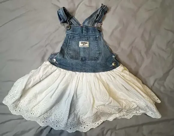 OshKosh B'Gosh White Eyelet and Denim Jean Jumper Overall Dress Size 12 Months