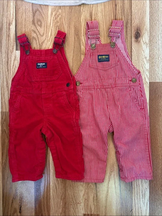 OshKosh B'gosh Red Corduroy and Red/White Stripe Kids Overalls 9-12 months