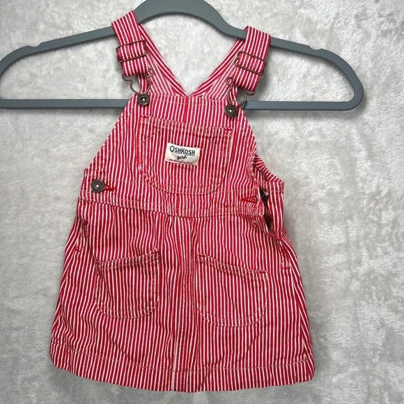 OshKosh B'gosh Girl Red‎ White Hickory Stripe Denim Overall Dress 18 Months