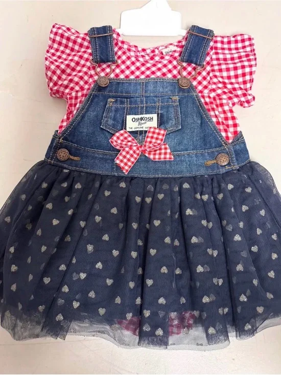 OshKosh B'gosh Red Gingham Onesie with Denim Heart Tulle Skirt Dress