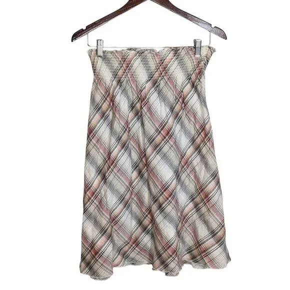 NWOT Y2K Old Navy Plaid A Line Skirt Sz M Linen Blend Elastic Waist Academia