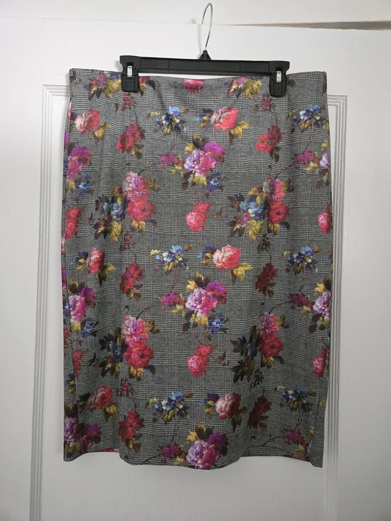 ECI Gray Plaid Pencil Skirt with Pink & Yellow Floral Print