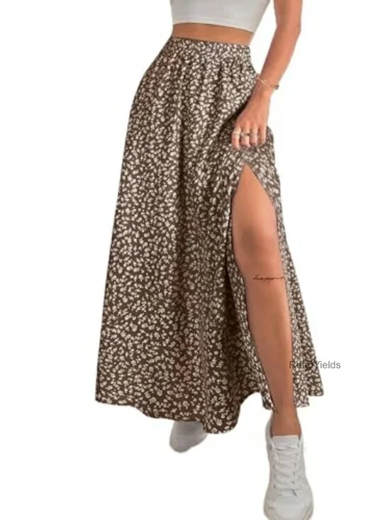 Women Boho Floral Slit Maxi Skirt High Waisted Long Skirt