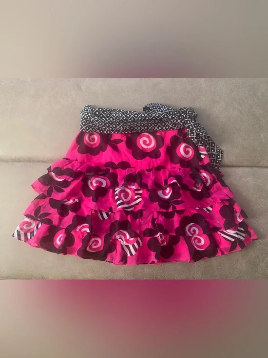 Vtg Y2K Celia Birtwell Express Black Pink Floral Silk Tiered Mini Skirt Size 2