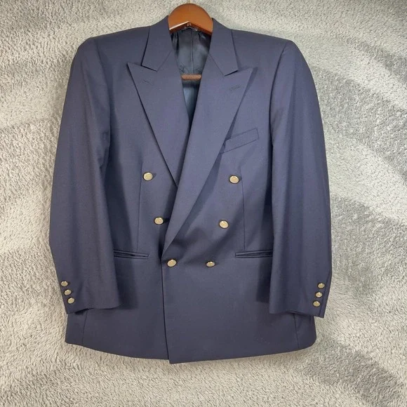 Vintage Burberrys Blazer Mens 46 Blue Wool Double Breasted Gold Button Made USA