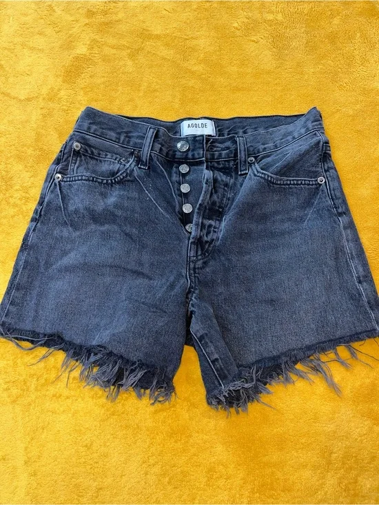 AGOLDE Women's Black Frayed Hem High-Rise Denim Shorts