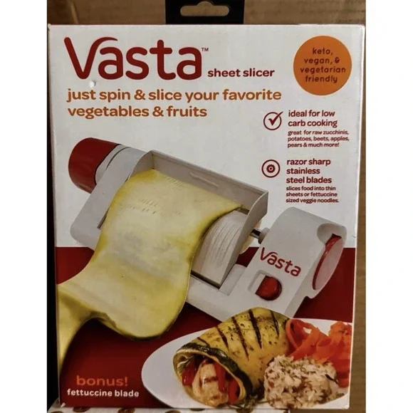 Vasta Vegetable & Fruit Sheet Slicer Manual w/ Handles, Bonus Fettuccine Blade