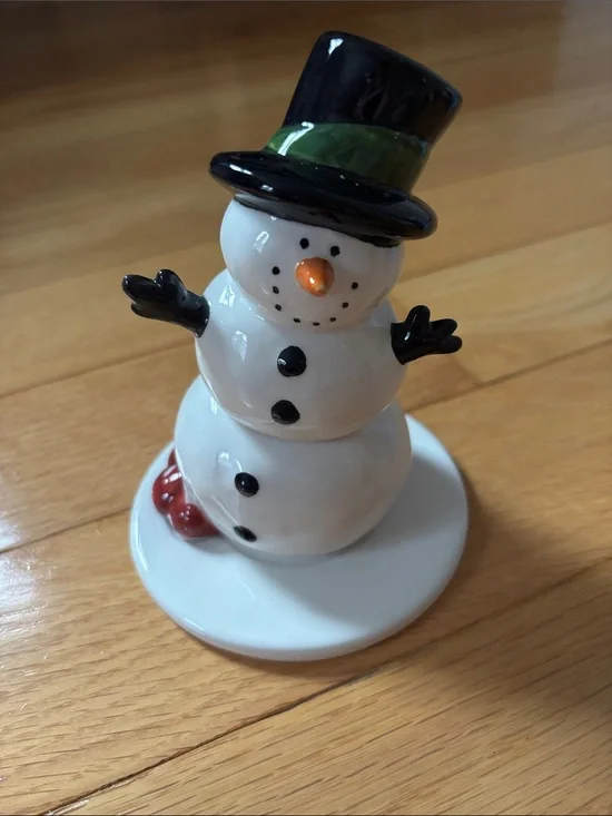 Ceramic Snowman Figurine with Black Top Hat and Green Band