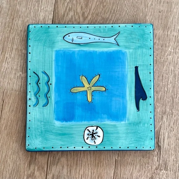 Brushes HandPainted Square Trivet Tile Fish‎ Starfish Sea Life By K.I.C 6”