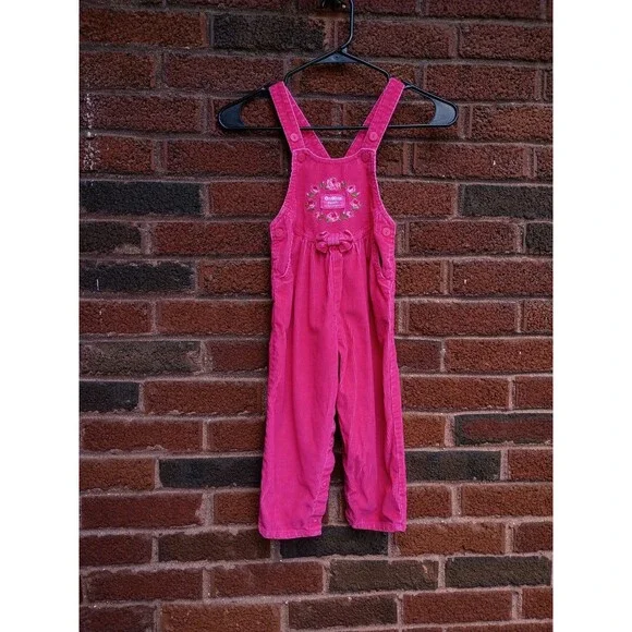 Vintage Oshkosh Toddler Corduroy Barbie Pink Overalls Rose Embroidered Size 4t