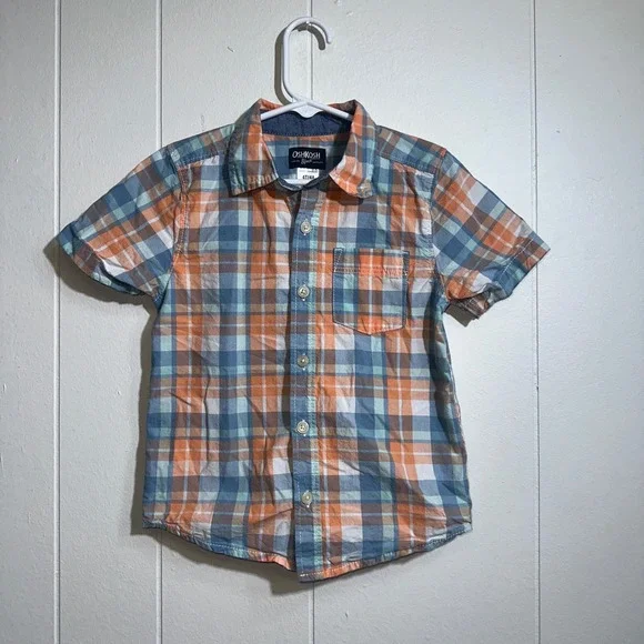OshKosh Bgosh Boys‎ 4T Orange Blue Plaid Short Sleeve Button Down Shirt 4A