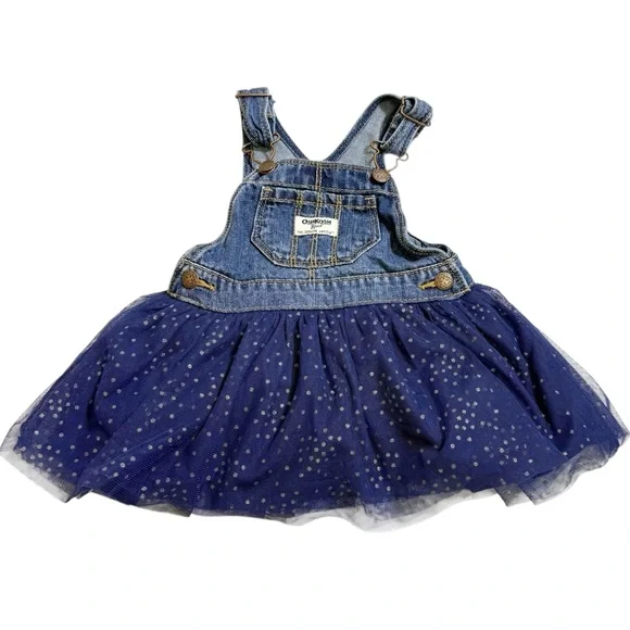 OshKosh B’gosh Denim Overall Dress with Navy Tulle Skirt Toddler Size 18M‎