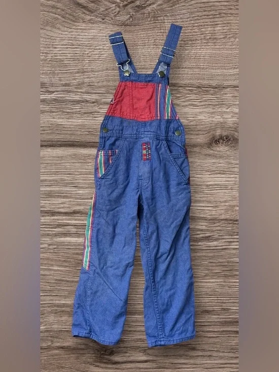 Vintage Oshkosh Overalls Jeans Red Yellow Green Made in USA SZ 5