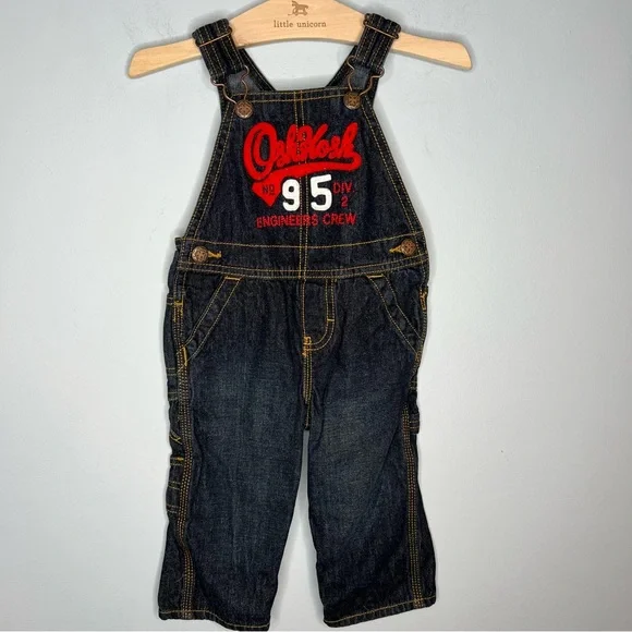 OshKosh Engineers Crew Toddler Boys Blue Denim Overalls Snap Closure‎