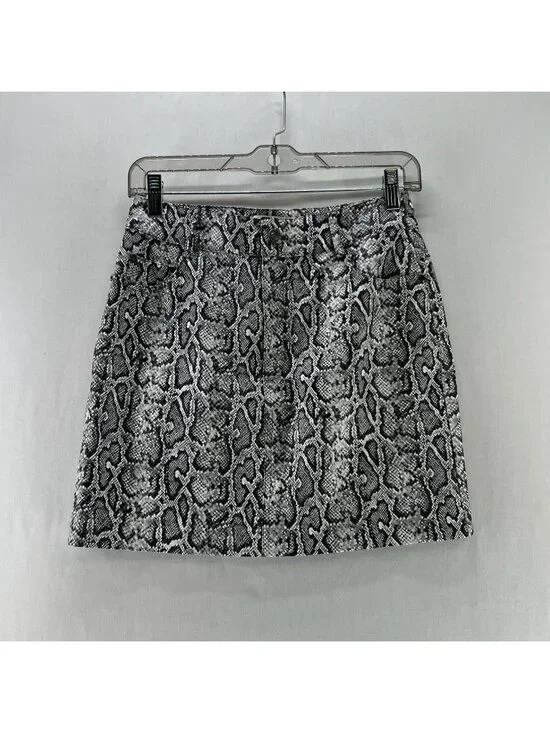 J.ING Faux Leather Snake Print Mini Skirt Size M Lined Zip Fly Pocket Gray Black