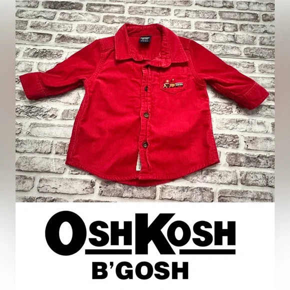 Vintage OshKosh Corduroy Shirt Choo Choo Train‎ Red Holidays Baby 6-9 Months