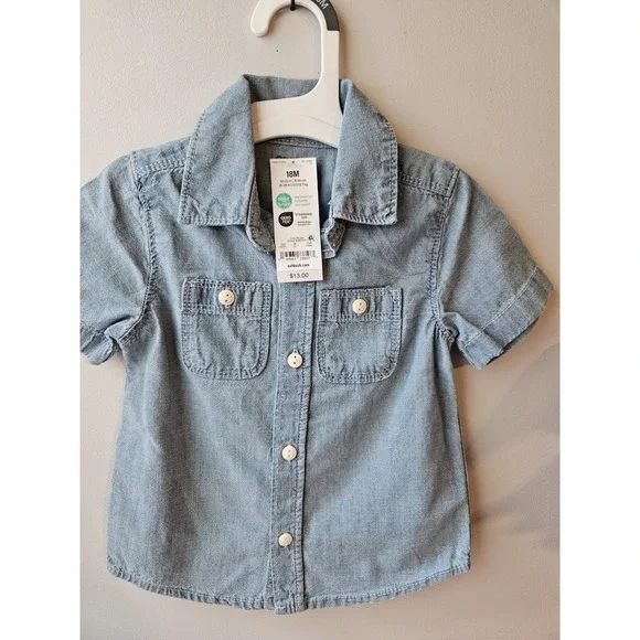 Osh‎ Kosh Denim Blue Button Up Short Sleeve Shirt Sz 18M
