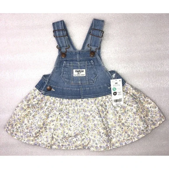 Oshkosh Baby Girl Floral Print Denim Jumper Overall Dress Size 6‎ Months NEW