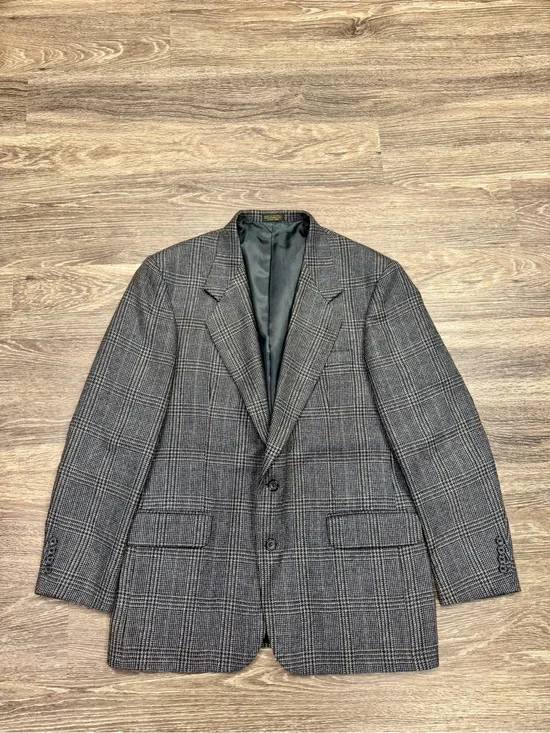 Oscar de la Renta 42R 100% Wool Glen Plaid Sport Coat Blazer Gray Brown
