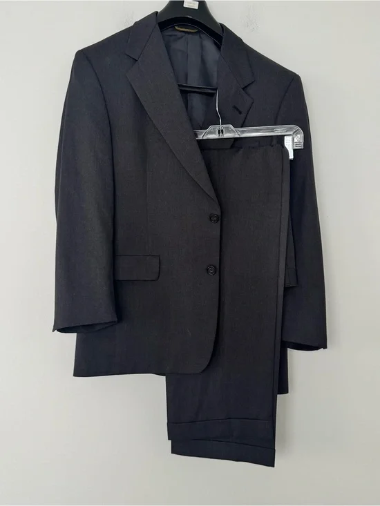 Vtg Hart Schaffner Marx 2 pc Suit 41R 34x30 Gray Gold Trumpeter Wool USA Made