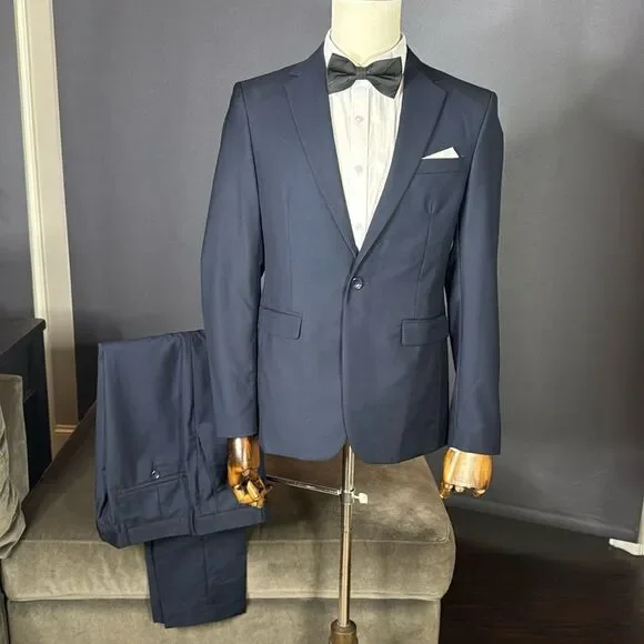 Men’s Dark Blue 2 Piece Formal Suit Notched Lapel Size 34 Jacket 31 Pants NEW