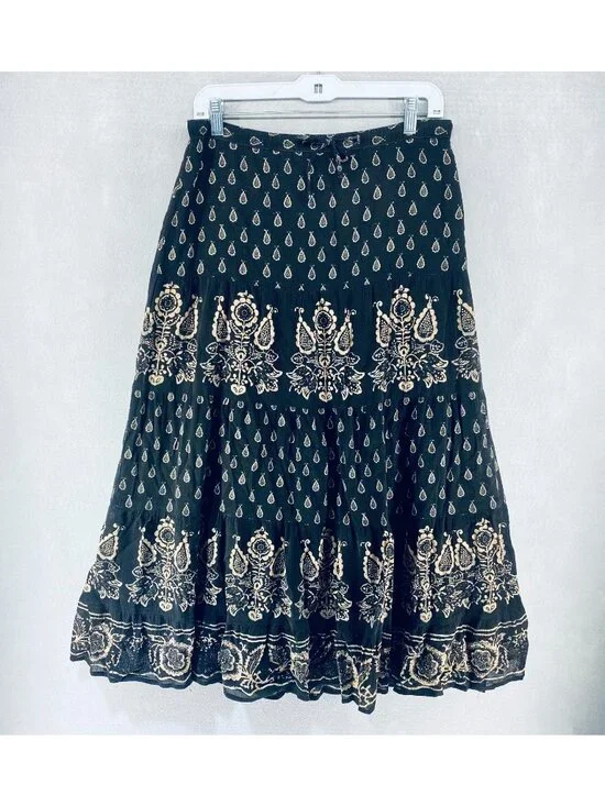 Lauren Ralph Lauren Maxi Skirt Womens S Black Tan Cotton Paisley Peasant Boho