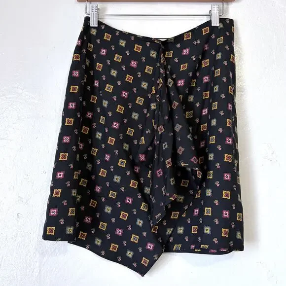 Vintage Evan Picone NWOT 100% Silk Geometric Print Wrap Skirt Black Size 8