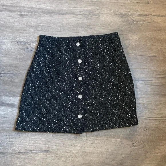 NWT Express Black Tweed Mini Skirt with Rhinestone Buttons Size 6
