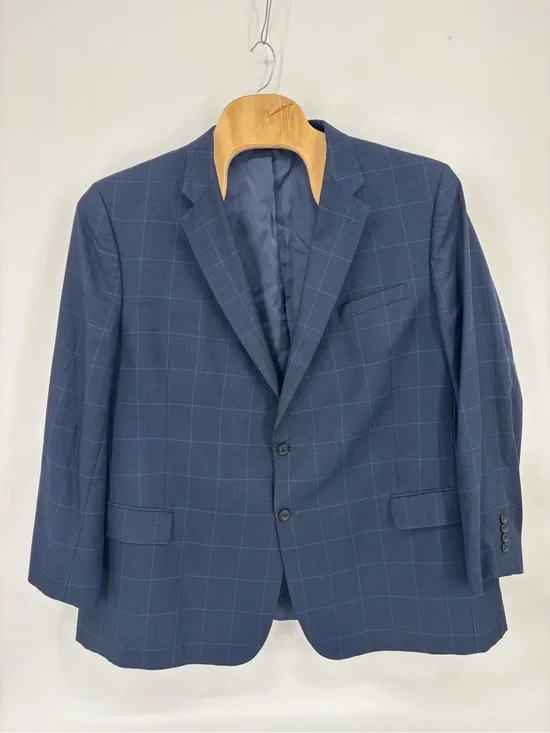 Jos A Bank Signature Jacket 52 Long Blue Plaid Silk Wool Blend Sport Coat Blazer