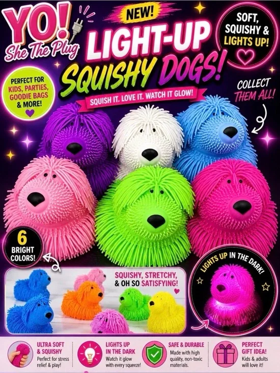 Light-Up Squishy Dogs - Bright Neon Colors